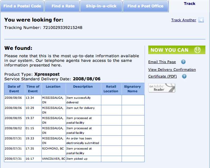 Captura de pantalla del registro de seguimiento en línea para el paquete entregado por Canada Poste Expreso a Mississauga, ON Canadá