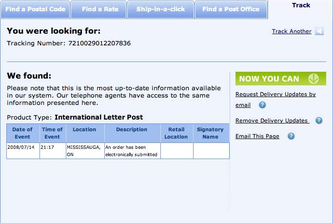 Screenshot of the online tracking log for the parcel mailed by Canada Post with NO Tracking international service