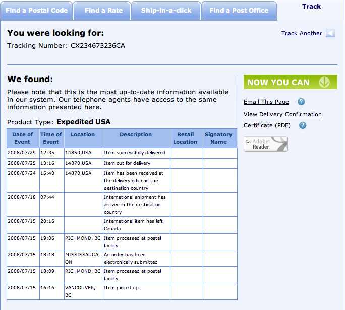 Captura de pantalla del registro de seguimiento en línea del paquete enviado por Canada Poste Acelerado EE.UU. a Ithaca, NY, EE.UU.