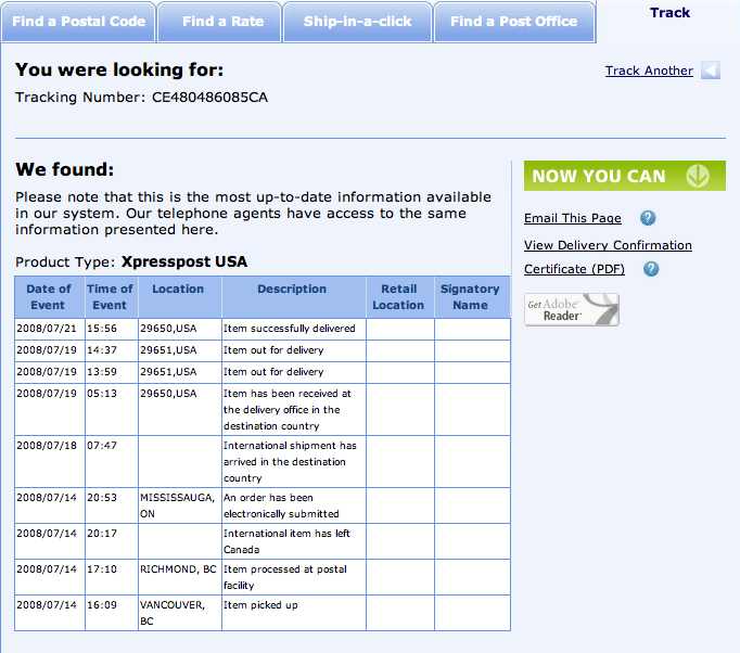 Screenshot of the online tracking log for the parcel delivered by Canada Post Express USA to Greer, SC USA