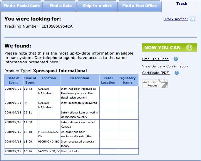 Screenshot of the online tracking log for the parcel delivered by Canada Post Express International to Ireland