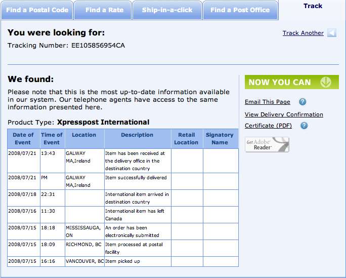 Captura de pantalla del registro de seguimiento en línea del paquete entregado por Canada Poste Expreso Internacional a Irlanda